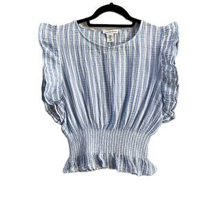 Cupcakes and Cashmere Cropped Cotton Flutter Sleeve Blue/white top | Size Medium